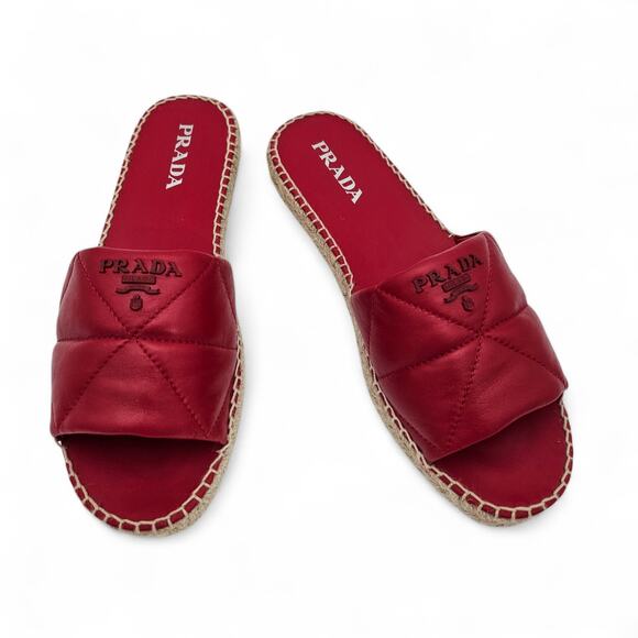 Prada Shoes - Prada Logo Flat Slide Espadrille Sandal Quilted Red Leather Size 41 US 11